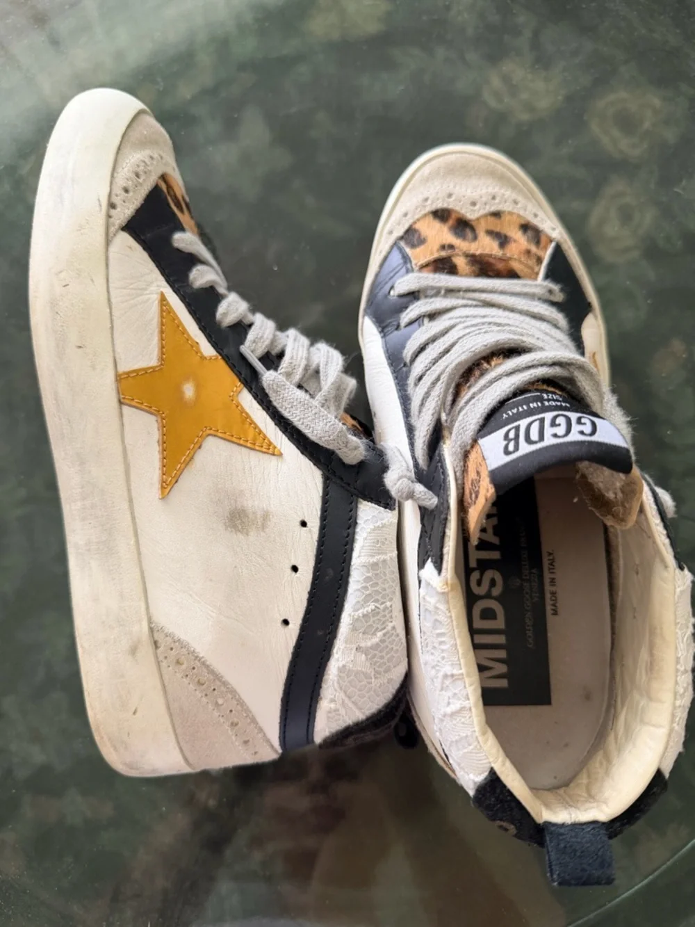 Golden Goose MID STAR White Sneakers with Yellow Star & Leopard Accent - Picture 2 of 7